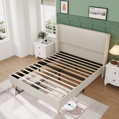 Bed Frame, Corduroy Upholstered Queen Bed Frame With Wingback Headboard, No Box Spring Needed, Solid Wooden Slats, Noise Free 5 Bed Frame, Corduroy Upholstered Queen Bed Frame With Wingback Headboard, No Box Spring Needed, Solid Wooden Slats, Noise Free - Image 5