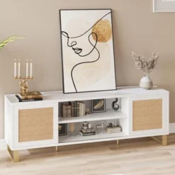 Rattan TV Stand Entertainment Center With Marble Pattern For 65" TV, White TV Console Table & Cabinet With Adjustable Shelves For Living Room, Bedroom -Garvee Sales GUEST 3f972b31 e57a 4f9f af15 7e341748941e