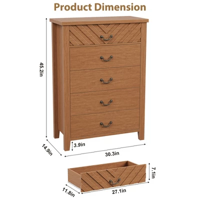 5 Drawer Dresser For Bedroom, 45.2" Tall Brown Chest Of Drawer With V Shape Design, Modern Wooden Closet Nightstand For Living Room Entryway Nursery 6 5 Drawer Dresser For Bedroom, 45.2" Tall Brown Chest Of Drawer With V Shape Design, Modern Wooden Closet Nightstand For Living Room Entryway Nursery - Image 6