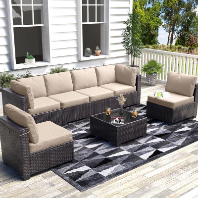 Garvee 7 Piece Outdoor Patio Furniture Set, PE Rattan Wicker Sofa Set, Outdoor Sectional Furniture Chair Set With Cushions And Tea Table 9 Garvee 7 Piece Outdoor Patio Furniture Set, PE Rattan Wicker Sofa Set, Outdoor Sectional Furniture Chair Set With Cushions And Tea Table - Image 9