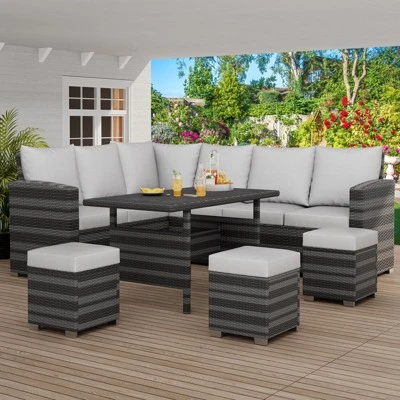 Whizmax 7-Piece Outdoor Sectional Sofa Set With Rattan Dining Table & Ottoman, Patio Furniture For Garden, Backyard 9 Whizmax 7-Piece Outdoor Sectional Sofa Set With Rattan Dining Table & Ottoman, Patio Furniture For Garden, Backyard - Image 9