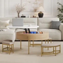Lift Top Coffee Table With 3 Ottoman, Modern Round Center Table With Hidden Storage, Wood Cocktail Table For Living Room Bedroom Office 19 Lift Top Coffee Table With 3 Ottoman, Modern Round Center Table With Hidden Storage, Wood Cocktail Table For Living Room Bedroom Office -Garvee Sales GUEST 40c95647 703d 4d6a 9d1e 7f923f90f21d