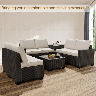 8 Piece Patio Furniture Set, Natural Rattan Wicker Outdoor Sectional With Cream Cushions, Glass Top Table & Hidden Storage 3 8 Piece Patio Furniture Set, Natural Rattan Wicker Outdoor Sectional With Cream Cushions, Glass Top Table & Hidden Storage - Image 3