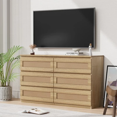 Dresser For Bedroom, Rattan 6/8 Drawer Dresser For Closet, Double Wood Dressers & Chest Of Drawers, For Bedroom/Living Room/Entryway, Natural 6 Dresser For Bedroom, Rattan 6/8 Drawer Dresser For Closet, Double Wood Dressers & Chest Of Drawers, For Bedroom/Living Room/Entryway, Natural - Image 6
