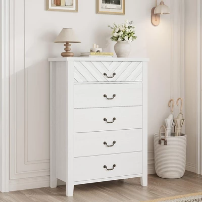 Garvee 5 Drawer Dresser For Bedroom, WHite 45.2" Tall Chest Of Drawer With V Shape Design, Modern Wooden Closet Nightstand For Living Room Entryway 6 Garvee 5 Drawer Dresser For Bedroom, WHite 45.2" Tall Chest Of Drawer With V Shape Design, Modern Wooden Closet Nightstand For Living Room Entryway - Image 6