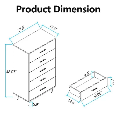 Garvee 5 Drawer Dresser For Bedroom, Modern Tall Dresser Organizer With Storage Drawers, Wooden Chests Of Drawers For Bedroom, Entryway, Hallway,White 4 Garvee 5 Drawer Dresser For Bedroom, Modern Tall Dresser Organizer With Storage Drawers, Wooden Chests Of Drawers For Bedroom, Entryway, Hallway,White - Image 4