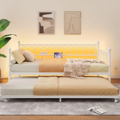 Twin Size Daybed With Pop-Up Trundle & LED Lights, Pull Out Bed With Charging Station And Pull Out Turundle, Metal Sofa Bed Frame For Living Room 12 Twin Size Daybed With Pop-Up Trundle & LED Lights, Pull Out Bed With Charging Station And Pull Out Turundle, Metal Sofa Bed Frame For Living Room - Image 12