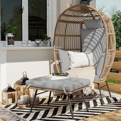 Wicker Egg Chair With Ottoman Oversize Egg Shaped Lounge Chair With Thick Cushion Comfy Egg Rattan Seat For Indoor Outdoor 5 Wicker Egg Chair With Ottoman Oversize Egg Shaped Lounge Chair With Thick Cushion Comfy Egg Rattan Seat For Indoor Outdoor - Image 5
