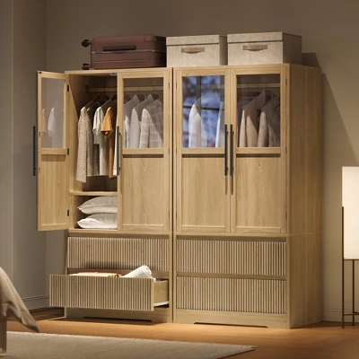 Bedroom Wooden Armoire Wardrobe Closet, Wardrobe Armoire Cabinet With 2 Doors And Drawers, Freestanding Armoire With Shelves & Hanging Rod 2 Bedroom Wooden Armoire Wardrobe Closet, Wardrobe Armoire Cabinet With 2 Doors And Drawers, Freestanding Armoire With Shelves & Hanging Rod - Image 2