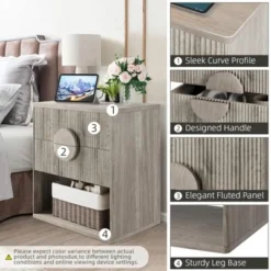 Whizmax Fluted Nightstand With Charging Station - 2 Drawers + Open Shelf, Modern Wood Bedside Table For Bedroom & Living Room Storage -Garvee Sales GUEST 42bc15d4 9314 49ee bdf5 41e23c66835e 1