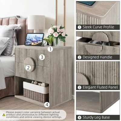 Fluted Nightstand With Charging Station - 2 Drawers + Open Shelf, Modern Wood Bedside Table For Bedroom & Living Room Storage 4 Fluted Nightstand With Charging Station - 2 Drawers + Open Shelf, Modern Wood Bedside Table For Bedroom & Living Room Storage - Image 4