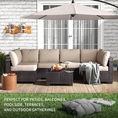 Garvee 7 Piece Outdoor Patio Furniture Set, PE Rattan Wicker Sofa Set, Outdoor Sectional Furniture Chair Set With Cushions And Tea Table 2 Garvee 7 Piece Outdoor Patio Furniture Set, PE Rattan Wicker Sofa Set, Outdoor Sectional Furniture Chair Set With Cushions And Tea Table - Image 2