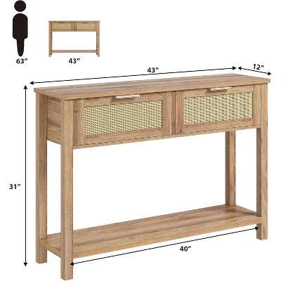 Rattan Console Table With 2 Drawers, Wooden Entryway Table With Rattan Sliding Door 1 Rattan Console Table With 2 Drawers, Wooden Entryway Table With Rattan Sliding Door