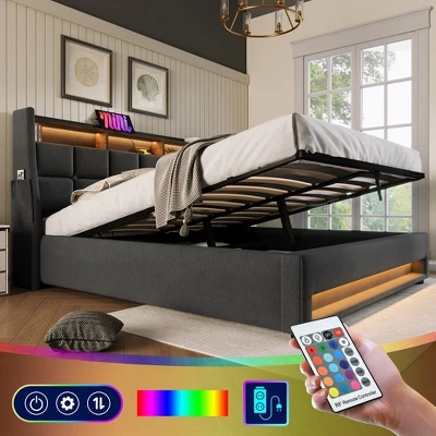 Queen Size Bed Frame With Hydraulic Storage,Upholstered Headboard,RGB LED Light And USB Charging 1 Queen Size Bed Frame With Hydraulic Storage,Upholstered Headboard,RGB LED Light And USB Charging