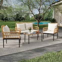 4-Piece Outdoor Patio Furniture Set, All-Weather PE Rattan Wicker Loveseat & Chairs With Glass Coffee Table & Steel Frame, Boho Conversation Set 15 4-Piece Outdoor Patio Furniture Set, All-Weather PE Rattan Wicker Loveseat & Chairs With Glass Coffee Table & Steel Frame, Boho Conversation Set -Garvee Sales GUEST 44190967 2a3e 43c0 99fe 85f5ceac5357