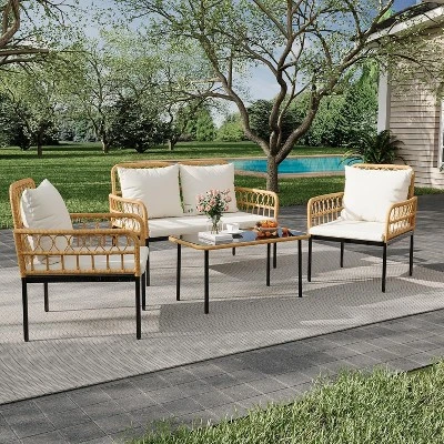 4-Piece Outdoor Patio Furniture Set, All-Weather PE Rattan Wicker Loveseat & Chairs With Glass Coffee Table & Steel Frame, Boho Conversation Set 8 4-Piece Outdoor Patio Furniture Set, All-Weather PE Rattan Wicker Loveseat & Chairs With Glass Coffee Table & Steel Frame, Boho Conversation Set - Image 8