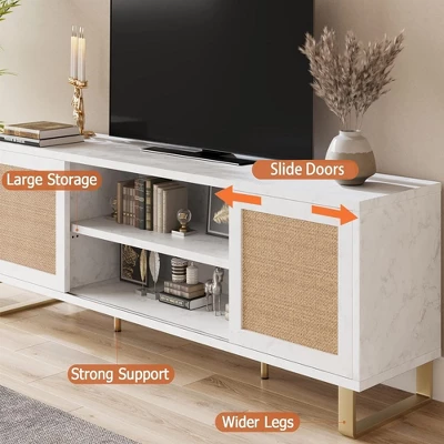 Rattan TV Stand For 65 Inch TV, White Entertainment Center Modern TV Console Table With Storage, Doors And Shelves, Media Cabinet For Living Room 4 Rattan TV Stand For 65 Inch TV, White Entertainment Center Modern TV Console Table With Storage, Doors And Shelves, Media Cabinet For Living Room - Image 4