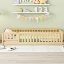 Twin Size Toddler Floor Bed Frame With Safety Guardrails, Doors, Wood Slat Support Bed, Detachable Platform Bed For Kids Girls Boys Natural