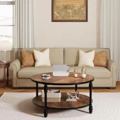 2-Tier Round Wood Coffee Table With Storage Shelf & Roman Column Metal Frame – Rustic Circle Center Table 13 2-Tier Round Wood Coffee Table With Storage Shelf & Roman Column Metal Frame – Rustic Circle Center Table -Garvee Sales GUEST 449f97c2 e14e 4a1f b40b 98230844beb7