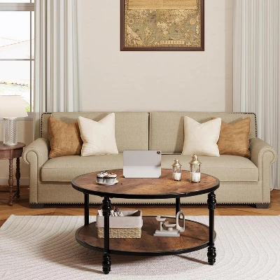 2-Tier Round Wood Coffee Table With Storage Shelf & Roman Column Metal Frame – Rustic Circle Center Table 7 2-Tier Round Wood Coffee Table With Storage Shelf & Roman Column Metal Frame – Rustic Circle Center Table - Image 7