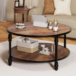 Garvee Coffee Table Round Rustic Center Table With Storage Shelf Wood Circle Coffee Table With Sturdy Metal Legs Living Room