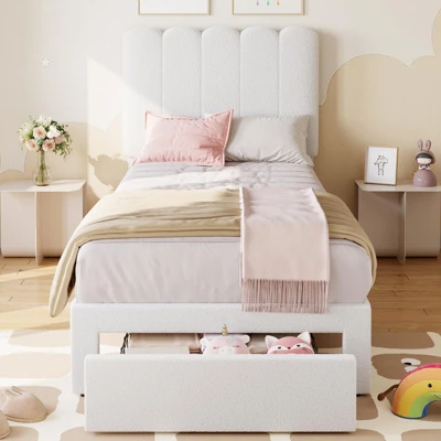 Twin Bed Frame With Storage Drawer And Headboard, Velvet Upholstered Twin Platform Bed Frame For Girls, Strong Wooden Slats Support, Noise-Free 2 Twin Bed Frame With Storage Drawer And Headboard, Velvet Upholstered Twin Platform Bed Frame For Girls, Strong Wooden Slats Support, Noise-Free - Image 2