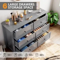 6 Drawers Dresser For Bedroom, Farmhouse Wood Dressers & Chest Of Drawers For Clothes, Tall Storage Dressers Organizer