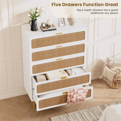 Garvee Rattan 5 Drawer Dresser For Bedroom, Tall Dresser With Deep Drawers, Large Chest Of Drawers For Closet With Wide Top For Living Room, Hallway 3 Garvee Rattan 5 Drawer Dresser For Bedroom, Tall Dresser With Deep Drawers, Large Chest Of Drawers For Closet With Wide Top For Living Room, Hallway - Image 3