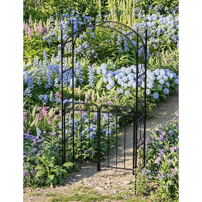 8 FT Metal Garden Arch With Gate, Elegant Wedding Arch For Ceremony Decor, Steel Arbor Trellis For Patio, Lawn, And Backyard, Black 4 8 FT Metal Garden Arch With Gate, Elegant Wedding Arch For Ceremony Decor, Steel Arbor Trellis For Patio, Lawn, And Backyard, Black - Image 4