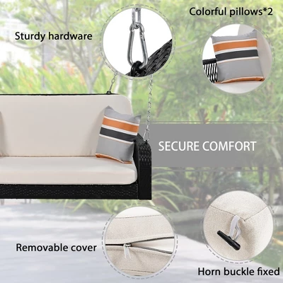 Hanging Porch Swing With Removable Cushion Covers, 2 Durable Metal Chains, Seat And Back Cushion, 2 Pillows 4 Hanging Porch Swing With Removable Cushion Covers, 2 Durable Metal Chains, Seat And Back Cushion, 2 Pillows - Image 4