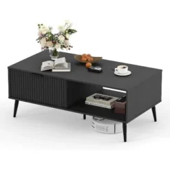 2-Tiers Coffee Table, 41.34''L Farmhouse Coffee Tables With Storage And Sliding Wave Pattern Door, Modren Tea Table, Wood -Garvee Sales GUEST 46e1df76 8539 4dfc bce2 d69931c153dd