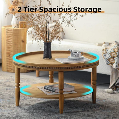 31'' Modern Round Coffee Table, 2 Tier Wooden Center Table With Beaded Trim, Accent Cocktail End Table For Living Room Bedroom Office Brown 2 31'' Modern Round Coffee Table, 2 Tier Wooden Center Table With Beaded Trim, Accent Cocktail End Table For Living Room Bedroom Office Brown - Image 2