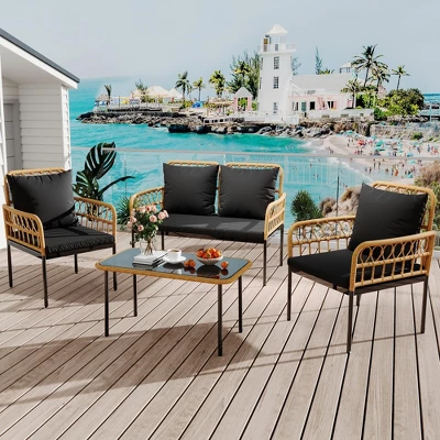 4-Piece Patio Set With Deep Seating & Waterproof Cushions, Boho Wicker Furniture With Coffee Table For Balcony, Backyard, Garden 5 4-Piece Patio Set With Deep Seating & Waterproof Cushions, Boho Wicker Furniture With Coffee Table For Balcony, Backyard, Garden - Image 5