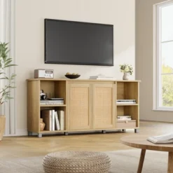 70 Inch TV Stand, Boho TV Stand With Rattan Cabinet Doors, Entertainment Center With 4 Open Shelve, Mid-Century Modern TV Stands - Natural 12 70 Inch TV Stand, Boho TV Stand With Rattan Cabinet Doors, Entertainment Center With 4 Open Shelve, Mid-Century Modern TV Stands - Natural -Garvee Sales GUEST 479dd17c 4f4f 40a3 b626 09ff9ed91354