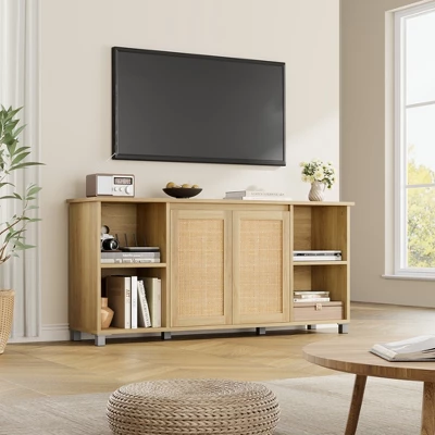 70 Inch TV Stand, Boho TV Stand With Rattan Cabinet Doors, Entertainment Center With 4 Open Shelve, Mid-Century Modern TV Stands - Natural 6 70 Inch TV Stand, Boho TV Stand With Rattan Cabinet Doors, Entertainment Center With 4 Open Shelve, Mid-Century Modern TV Stands - Natural - Image 6