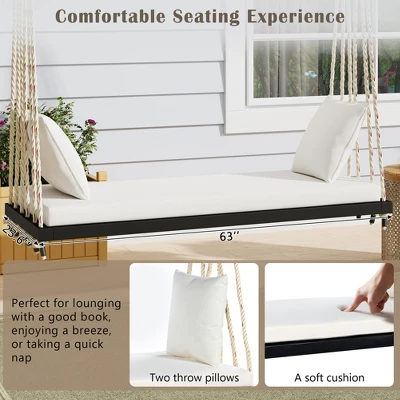Outdoor Swing Chair With 2 Person Seating, Acacia Wood Hanging Chair Porch Swing Bench W/ Cushion, 2 Pillows & Hemp Ropes For Garden Backyard, White 3 Outdoor Swing Chair With 2 Person Seating, Acacia Wood Hanging Chair Porch Swing Bench W/ Cushion, 2 Pillows & Hemp Ropes For Garden Backyard, White - Image 3
