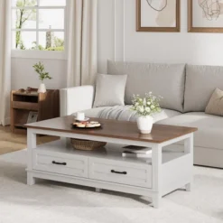 47.24" Farmhouse Coffee Table With Drawers, Rustic Coffee Table Wood Center Table -Garvee Sales GUEST 482dc6e0 0144 492c a7de 12961446261b