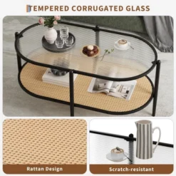 Garvee 2-Tier Rattan Coffee Table, Boho Oval Coffe Table With Tempered Glass Top, Farmhouse Water-Wave Glass Metal Tea Center Tables 7 Garvee 2-Tier Rattan Coffee Table, Boho Oval Coffe Table With Tempered Glass Top, Farmhouse Water-Wave Glass Metal Tea Center Tables -Garvee Sales GUEST 4854b563 0fb8 4d27 8046 eb72bf6467e5