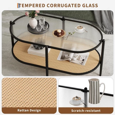 Garvee 2-Tier Rattan Coffee Table, Boho Oval Coffe Table With Tempered Glass Top, Farmhouse Water-Wave Glass Metal Tea Center Tables 3 Garvee 2-Tier Rattan Coffee Table, Boho Oval Coffe Table With Tempered Glass Top, Farmhouse Water-Wave Glass Metal Tea Center Tables - Image 3