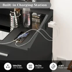 Vanity Desk With Mirror And Lights, Makeup Vanity With Power Outlet & Upholstered Stool, Wooden Dressing Table With Drawers For Bedroom