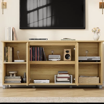 TV Stand For 65 Inch, Entertainment Center With Storage Shelves & Glass Doors – Wooden Media Console Cabinet For Living Room, Bedroom 6 TV Stand For 65 Inch, Entertainment Center With Storage Shelves & Glass Doors – Wooden Media Console Cabinet For Living Room, Bedroom - Image 6