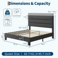 Queen Bed Frame With Adjustable Headboard, Linen Fabric Upholstered, Wooden Slats Support, Heavy Duty Mattress Foundation
