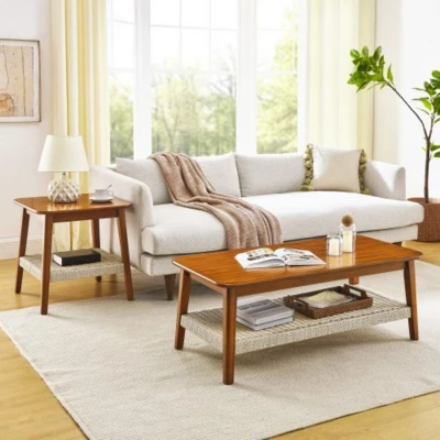 Mid-Century Coffee Table With Woven Shelf, Bohemian Rattan Coffee Table With Storage, Farmhouse Wooden Low Rectangular End Table For Living Room 1 Mid-Century Coffee Table With Woven Shelf, Bohemian Rattan Coffee Table With Storage, Farmhouse Wooden Low Rectangular End Table For Living Room