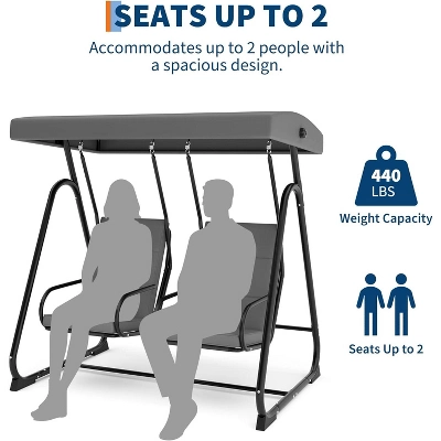 2-Person Outdoor Patio Swing Chair – Adjustable Canopy, Removable Cushions & Heavy-Duty Steel Frame (Dark Grey) 5 2-Person Outdoor Patio Swing Chair – Adjustable Canopy, Removable Cushions & Heavy-Duty Steel Frame (Dark Grey) - Image 5