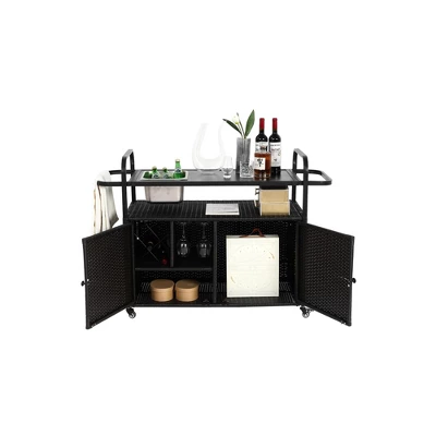 Outdoor Bar Table, Wicker Bar Cart With Cabinet, Patio Serving Cart With Steel Top, With A Ice Bucket, Lockable Wheels, Side Basket 2 Outdoor Bar Table, Wicker Bar Cart With Cabinet, Patio Serving Cart With Steel Top, With A Ice Bucket, Lockable Wheels, Side Basket - Image 2