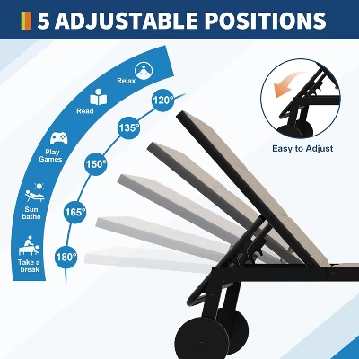 Outdoor Lounge Chairs With Wheels, Adjustable Backrest Poolside Loungers, Patio Chaise Lounge Chairs With Side Table Set Of 3 Khaki 2 Outdoor Lounge Chairs With Wheels, Adjustable Backrest Poolside Loungers, Patio Chaise Lounge Chairs With Side Table Set Of 3 Khaki - Image 2