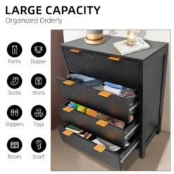 Fluted 4-Drawer Dresser, 30 Inch Large Modern Bedroom Closet Chest Of Drawers With Gold Handles