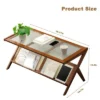 Modern Coffee Table With Glass Top & Rattan Shelf - Z-Shape Design, Warm Wood Frame For Living Room, Office