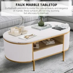 Modern Luxury Fluted Coffee Table, 48" Coffee Table With Storage Drawer, Oval Coffee Table With Golden Legs, Faux Marble Top -Garvee Sales GUEST 4a78fc8d 679e 4817 8234 a26c384a0f21