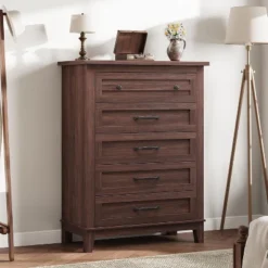 5 Dresser For Bedroom, 41" Tall Dresser, Vertical Drawer Dresser With Storage Freestanding, Wooden Closet Dresser Storage Chest For Bedroom, Walnut